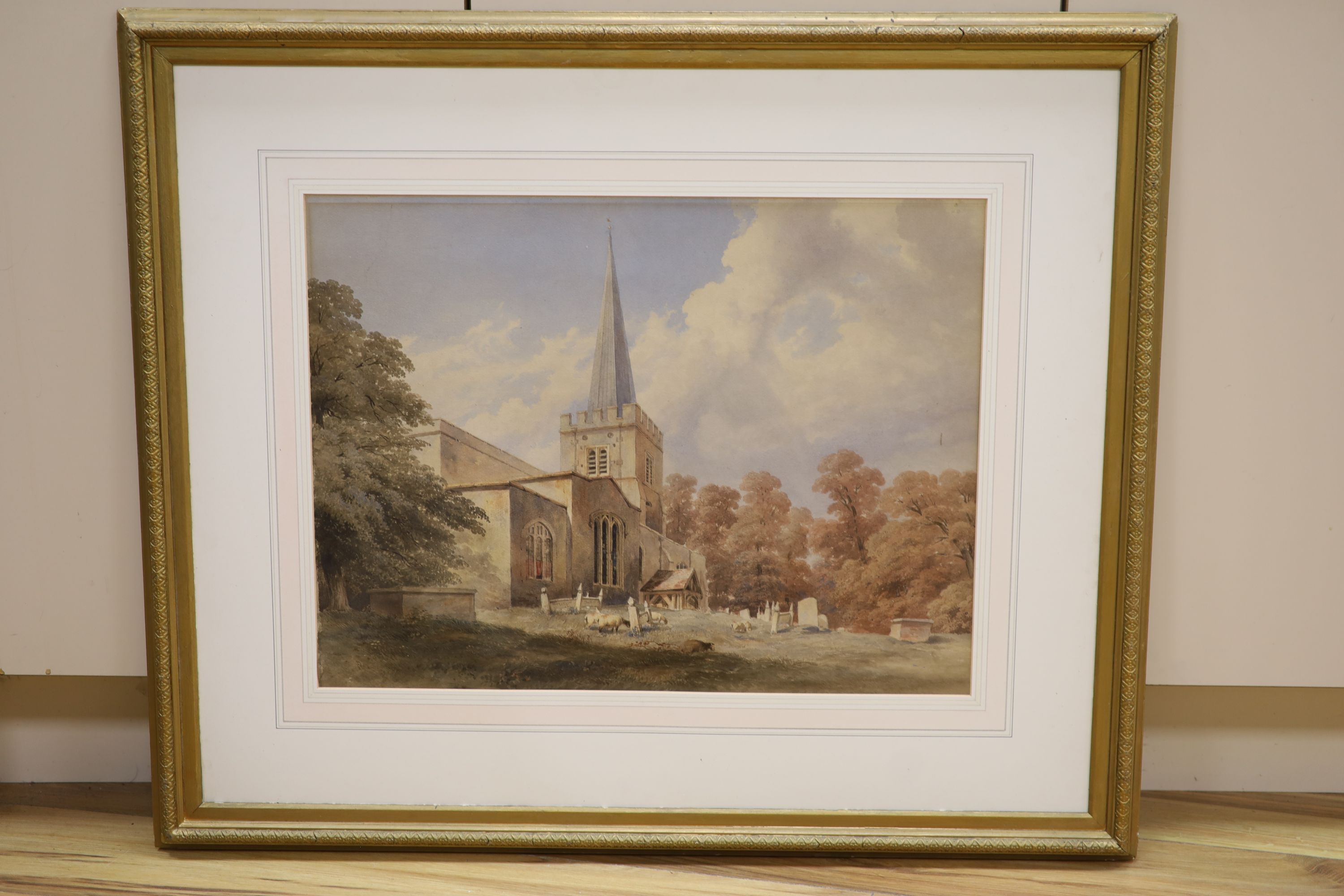 Victorian School, watercolour, Sheep grazing in churchyard, 43 x 58cm